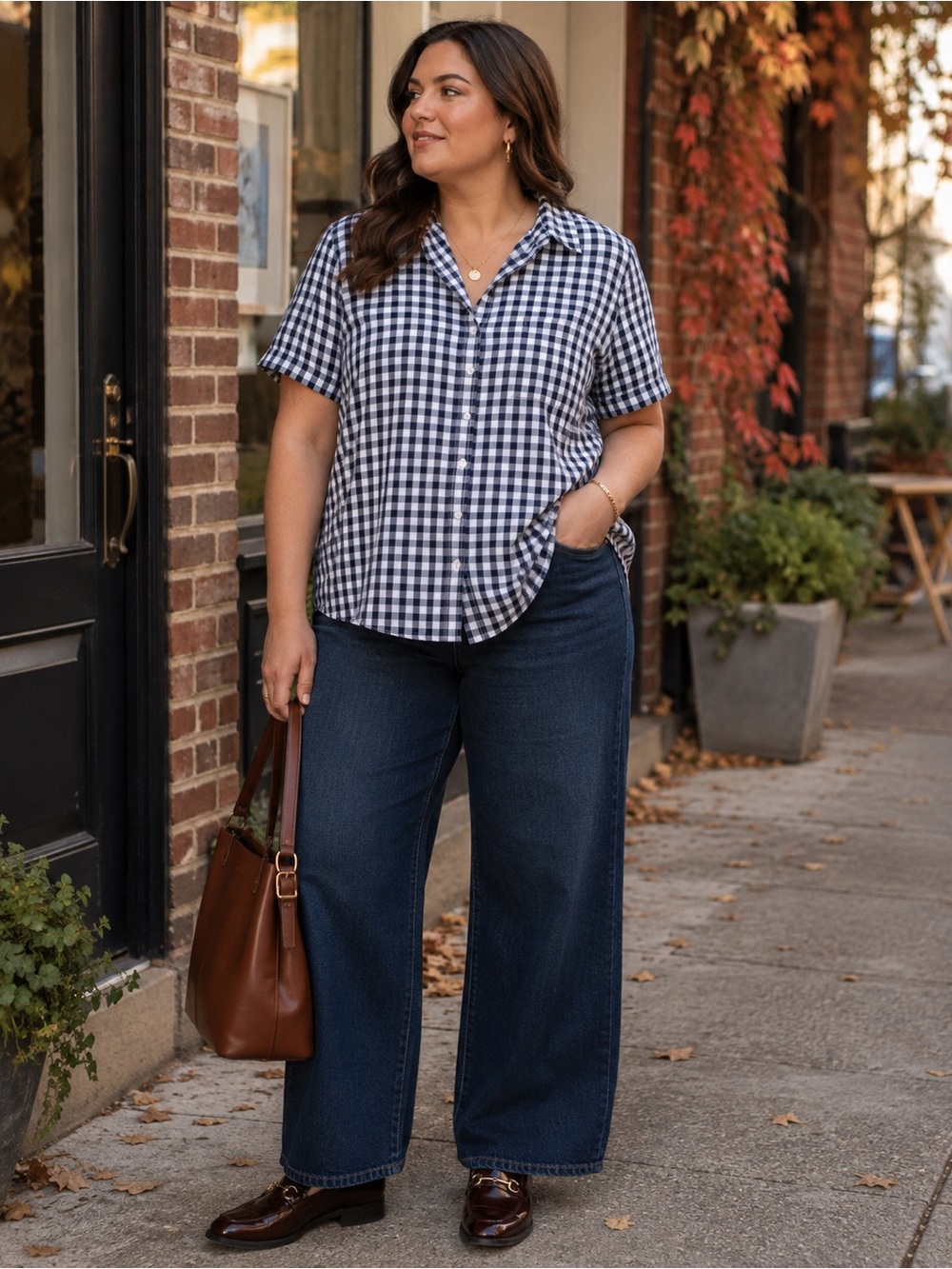 NWT GapBody XXL 100% Cotton Navy White Gingham Button Front Shirt